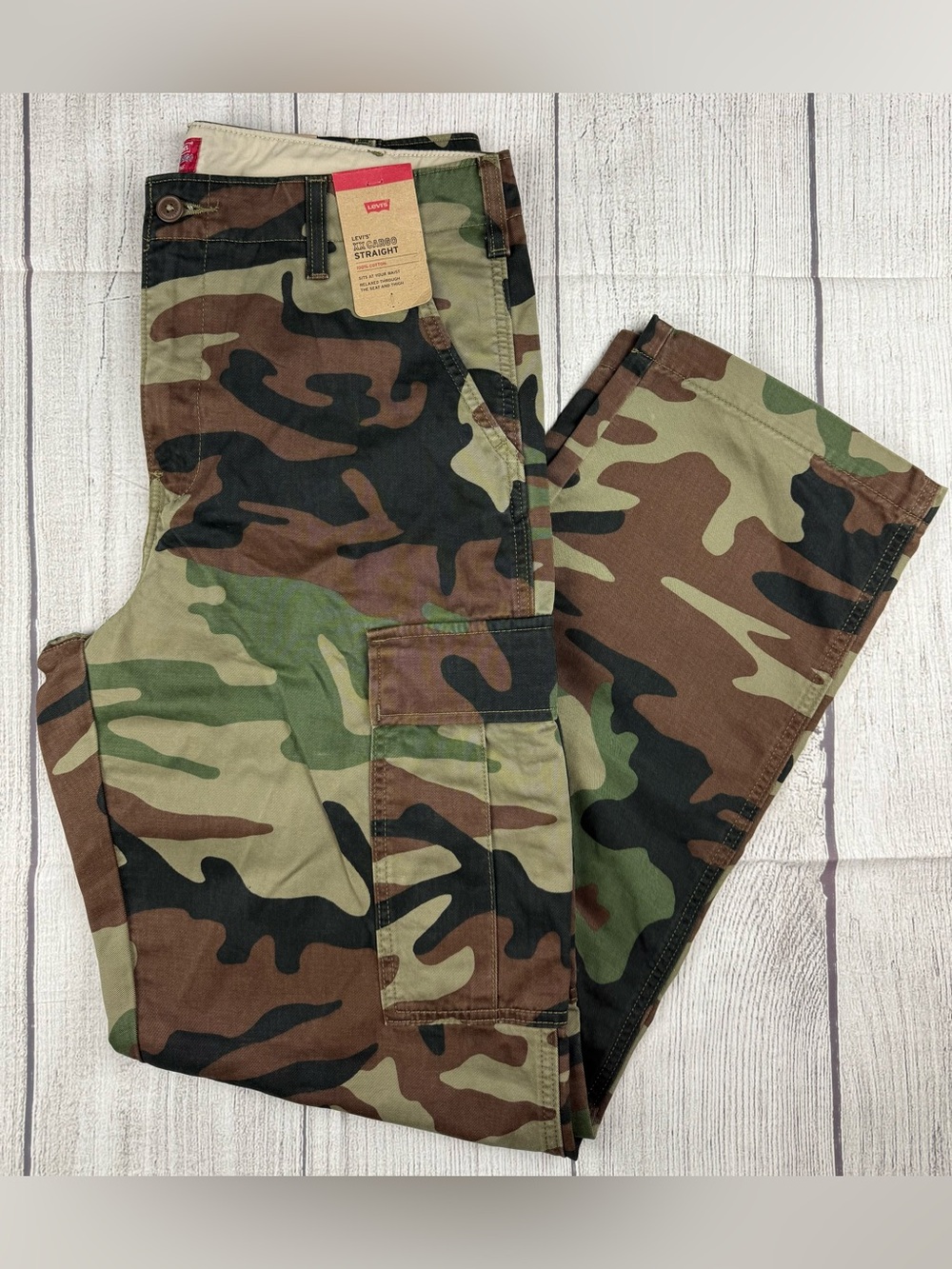NWT! LEVIS XX Camo Cargo Pant Cotton Multicolor Green Sz 34 x 34 Straight Fit